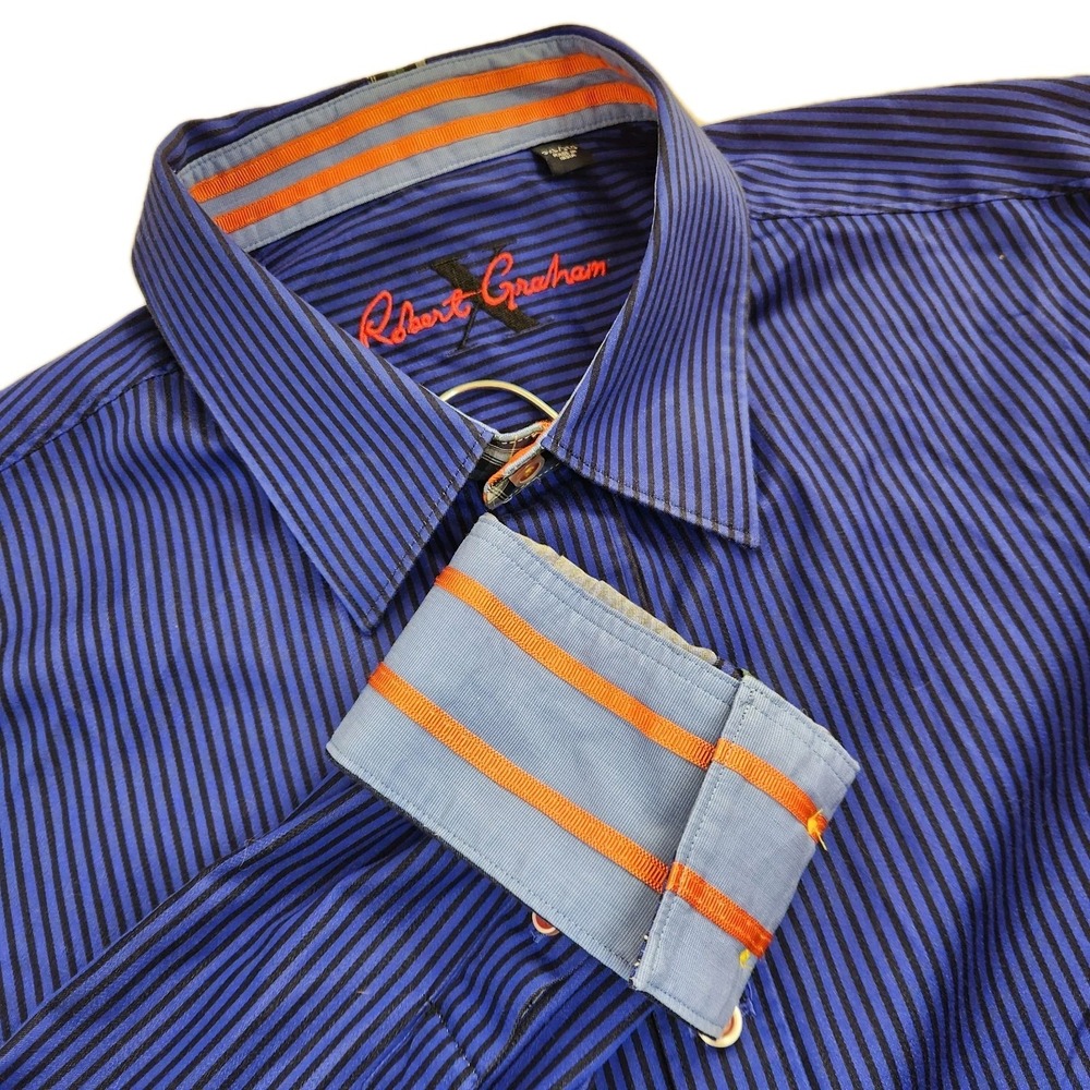 Robert Graham X Collection Flip Cuff Shirt Mens 3XL Navy Black Striped Preppy